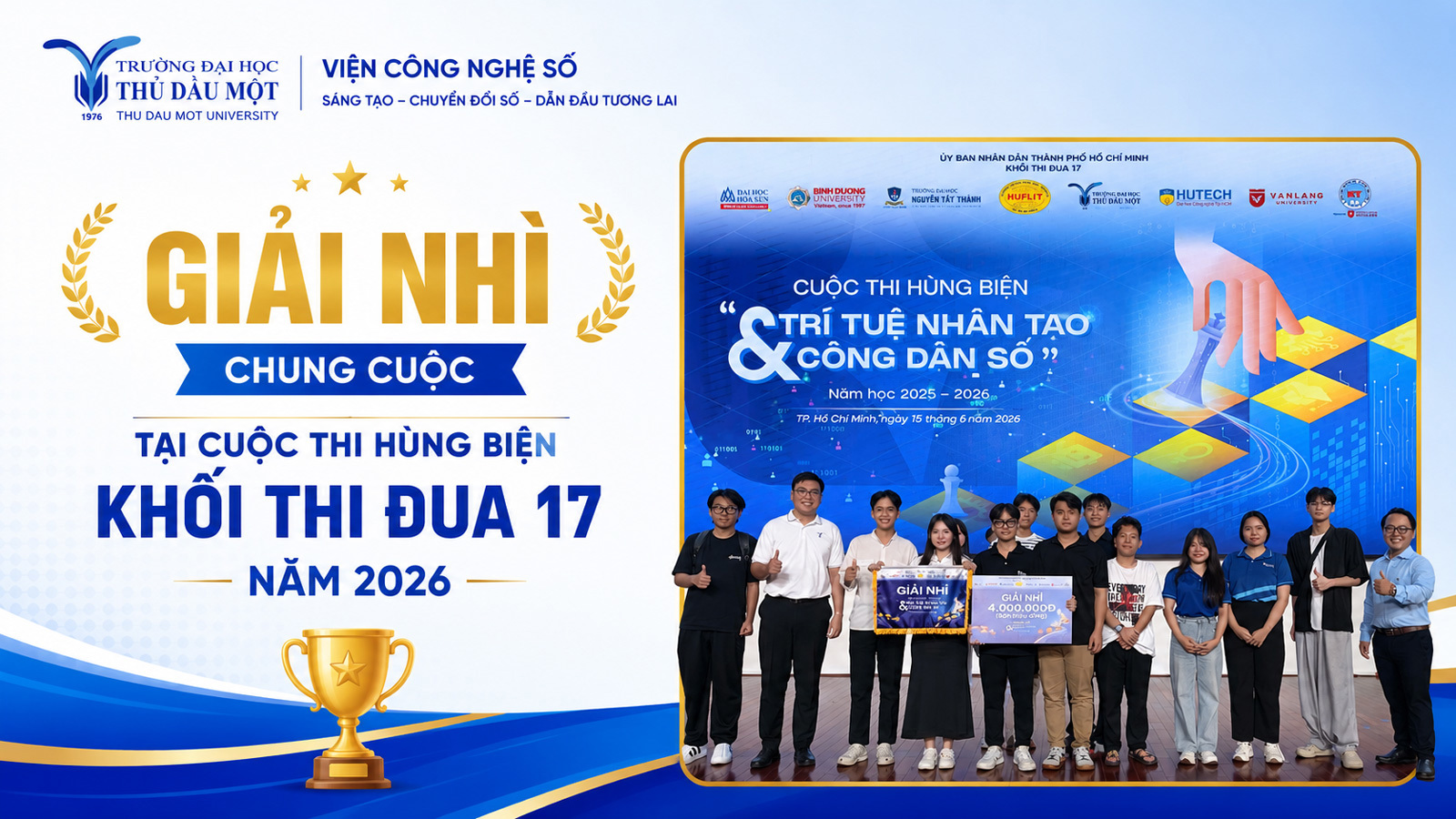 Sinh viên Viện Công nghệ số xuất sắc đưa Đội tuyển Trường Đại học Thủ Dầu Một giành giải Nhì Hội thi Hùng biện Khối thi đua 17 năm 2026